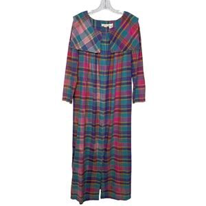 Vintage 80s Annie Plaid Maxi Dress Oversized Collar Cotton Cottagecore Medium